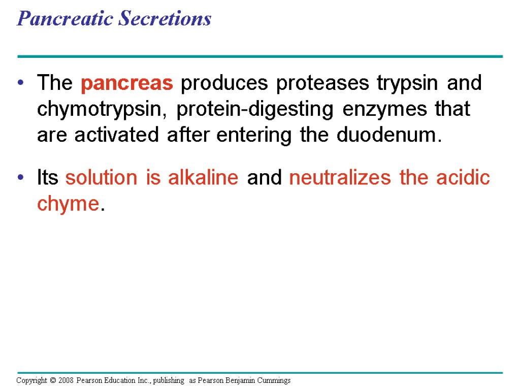 Pancreatic Secretions The pancreas produces proteases trypsin and chymotrypsin, protein-digesting enzymes that are activated